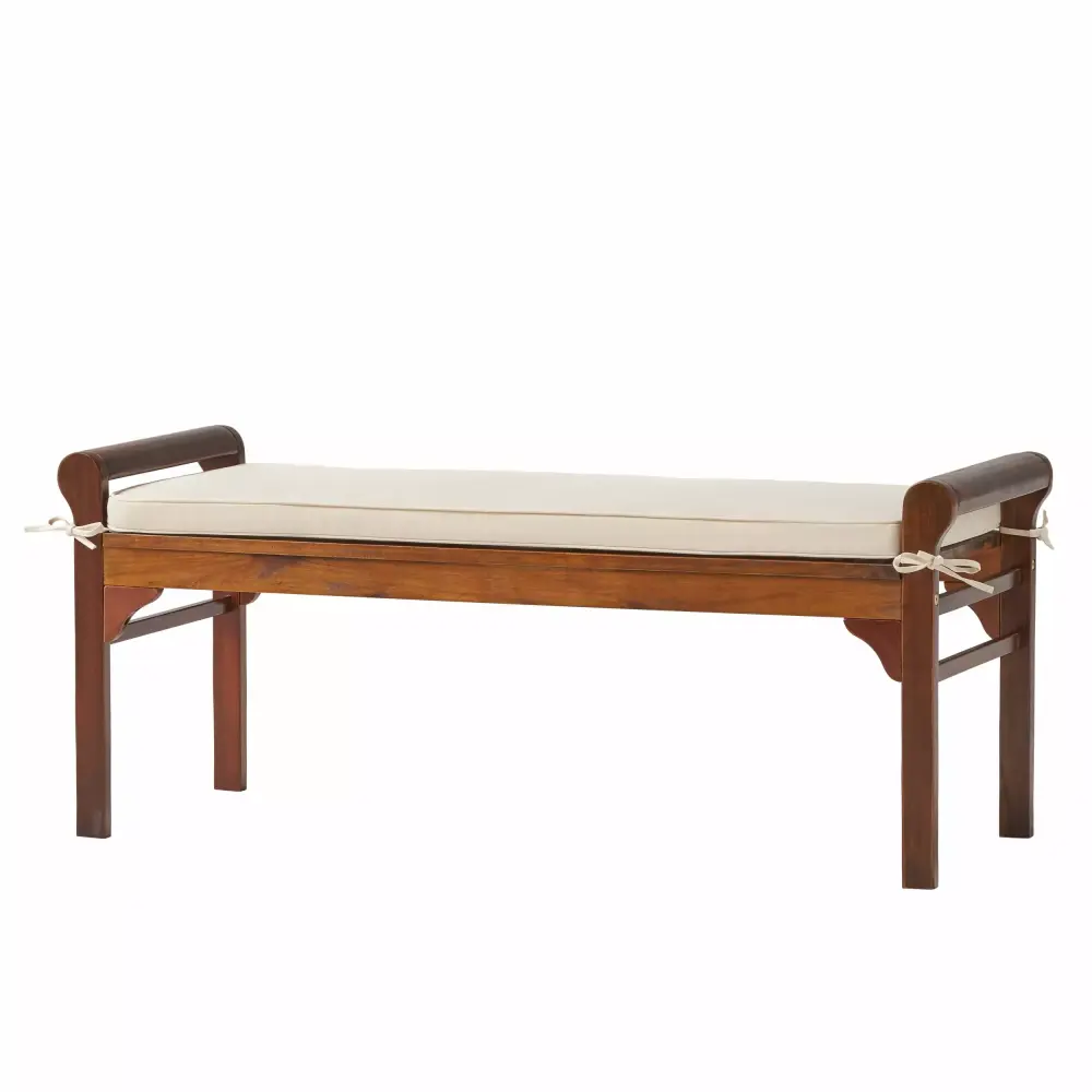 Etette Rustic Acacia Wood Bench with Cushion in Mahogany and Cream