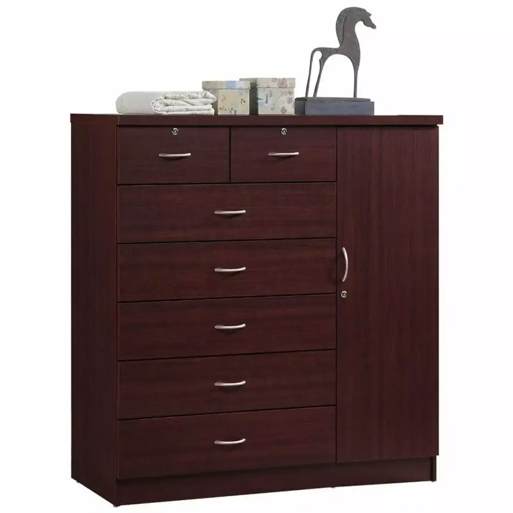 Bowery Hill 7 Drawer Chest with Locking Drawers and Door in Mahogany Wood - Secure Bedroom Storage