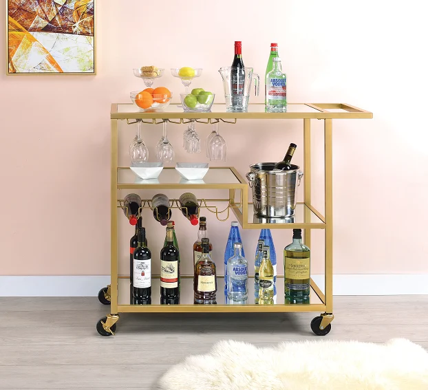 Adamsen Champagne & Mirror Serving Cart - Rolling Bar Cart with Glass Shelves