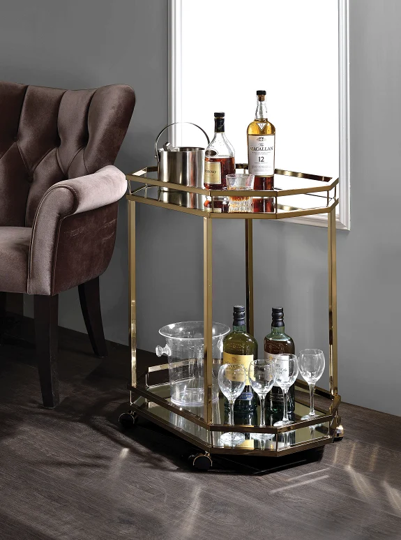 Lacole Champagne & Mirror Serving Cart - Elegant Rolling Bar Cart