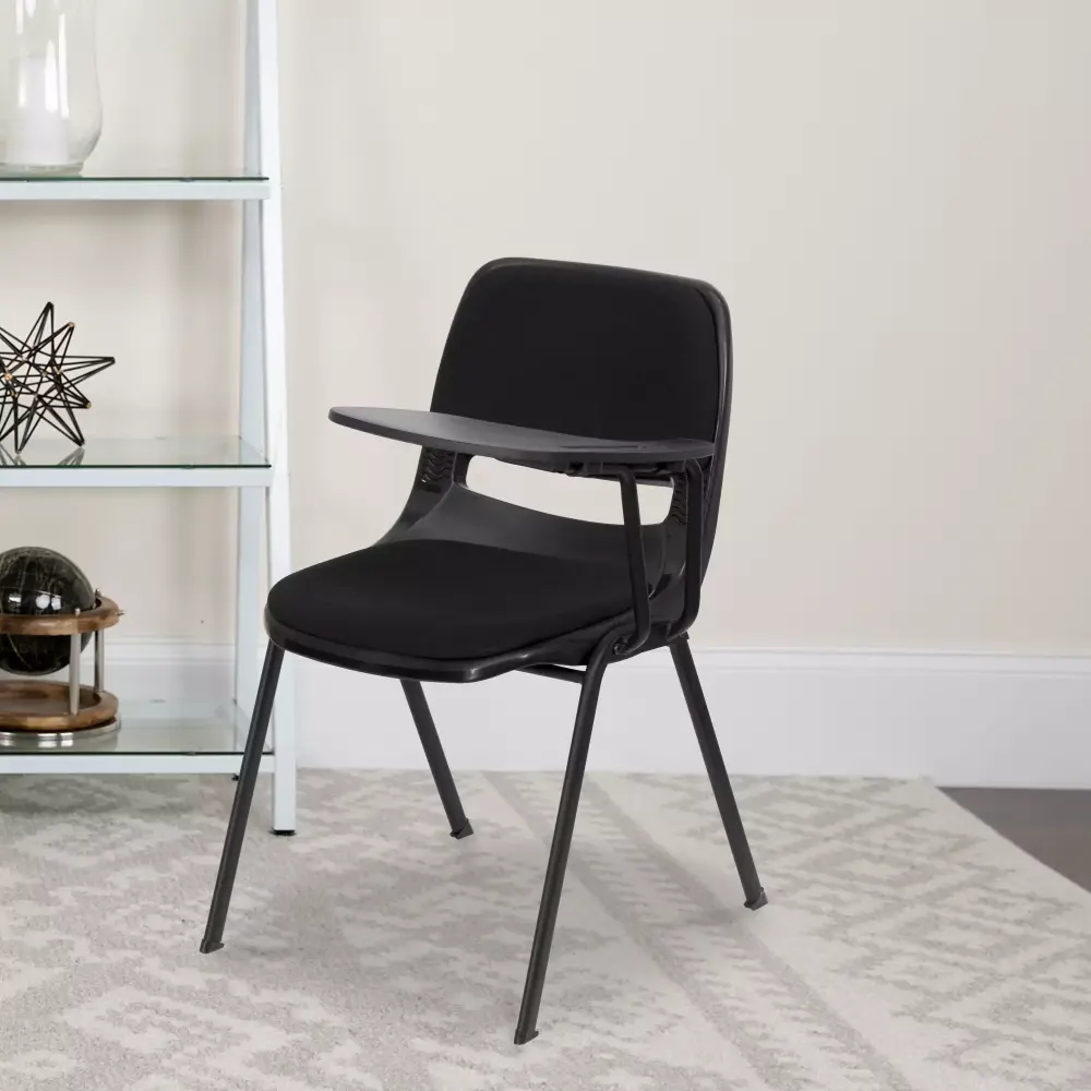 Emma + Oliver Black Padded Ergonomic Shell Chair with Left Handed Flip Up Tablet Arm Desk