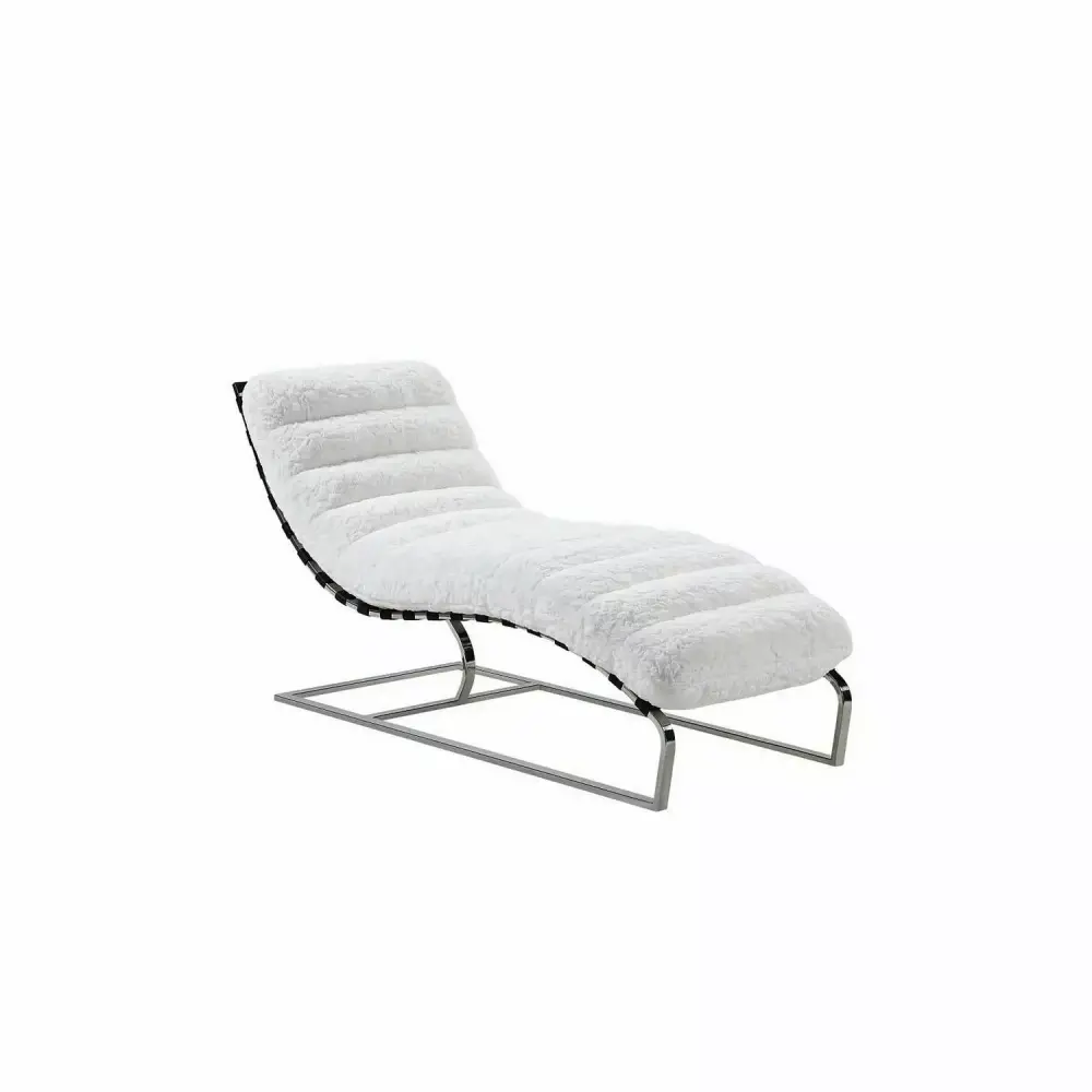 Benjara 60 Inch Chaise Lounger White Teddy Sherpa Upholstery Stainless Steel Legs