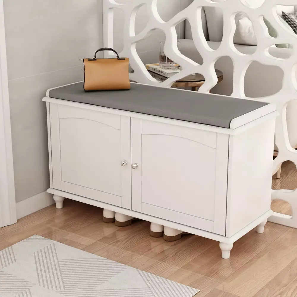 AIEGLE White Shoe Storage Bench with Cushion Seat and Adjustable Shelves
