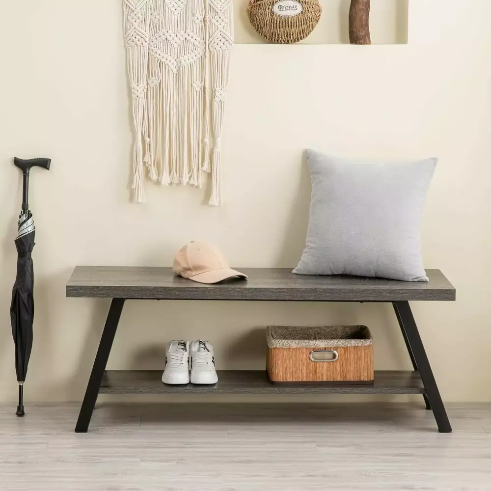 Entryway Bench Farmhouse Indoor Shoe Storage Bench in Dark Gray Oak Finish
