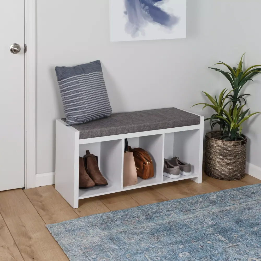 Honey-Can-Do White Gray 3-Cubby Shoe Storage Bench Particle Board