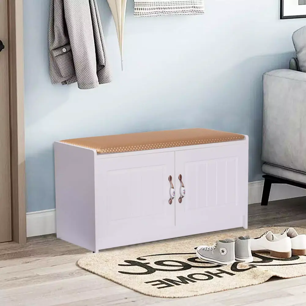 White Shoe Storage Bench with 2 Doors and Removable Brown Cushion for Entryway