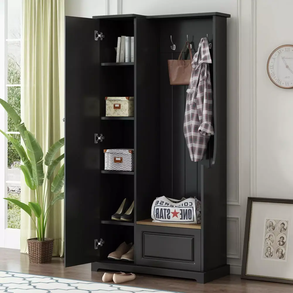 ON-TREND Stylish Black Hall Tree with Flip-Up Bench and Adjustable Shelves for Entryways