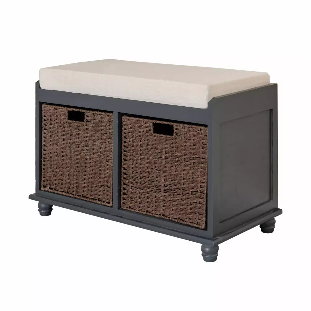 Home Collection Shoe Storage Bench with 2 Brown Drawers and White Cushion - Functional Entryway Organizer