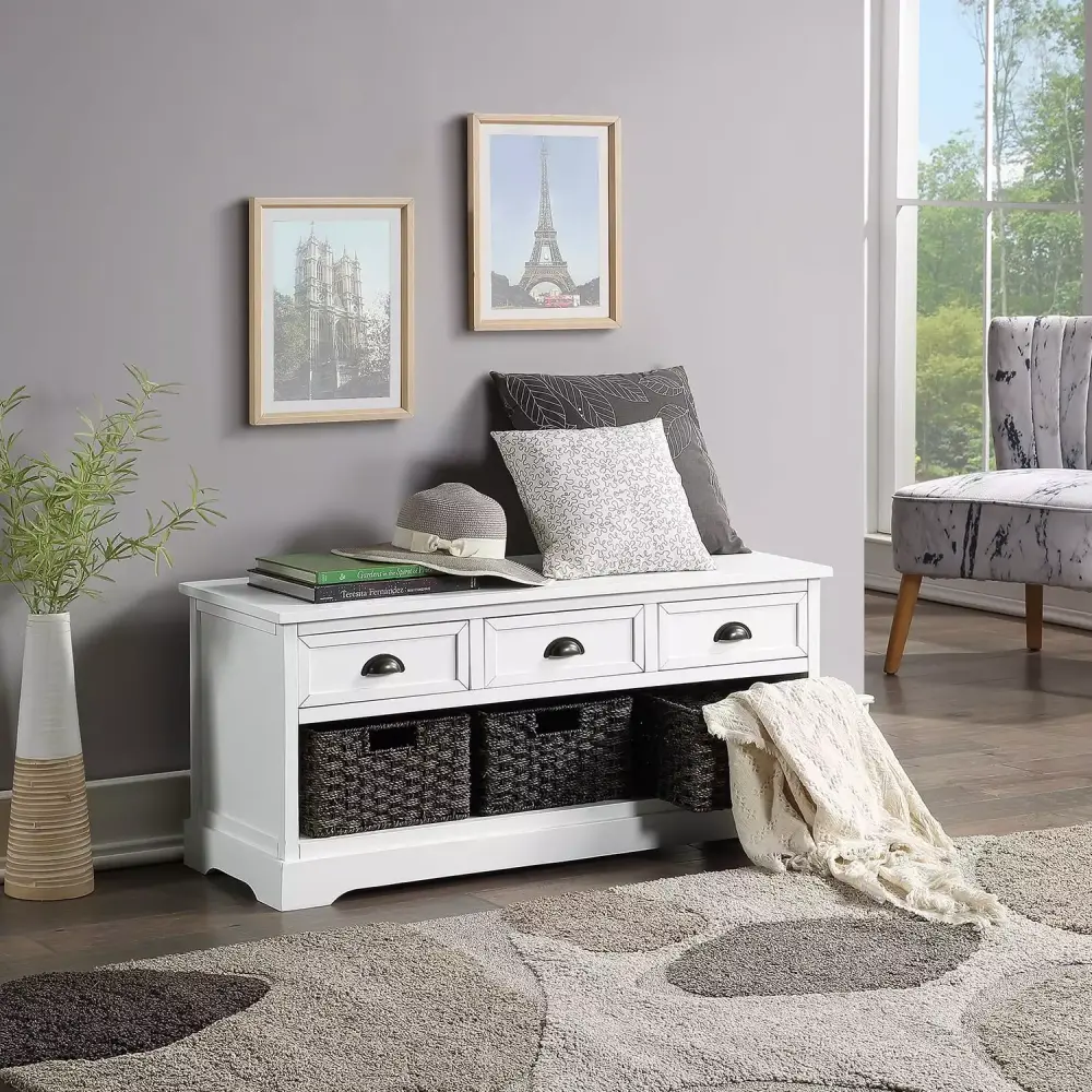 Kadyn White Modern MDF Storage Bench with 3 Drawers and Woven Baskets for Entryway