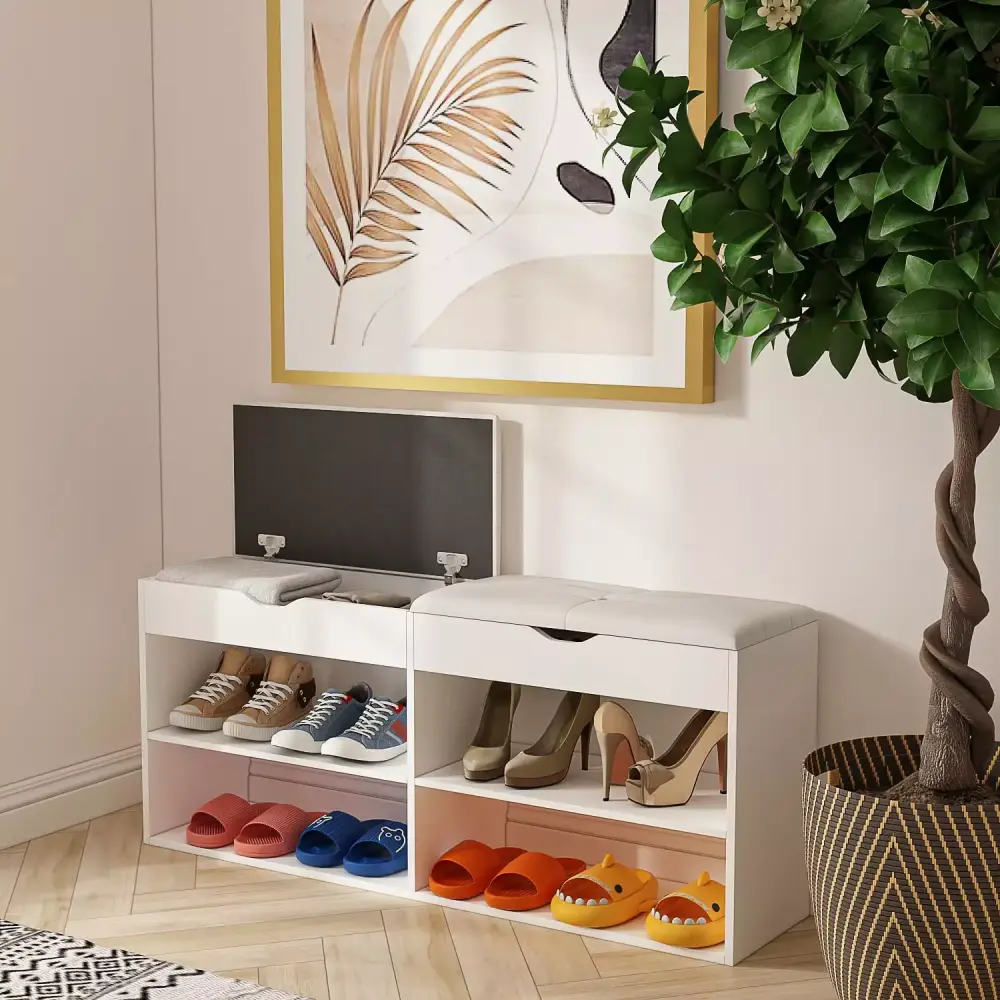 Entryway Bench with Storage and Padded Seat Shoe Organizer White