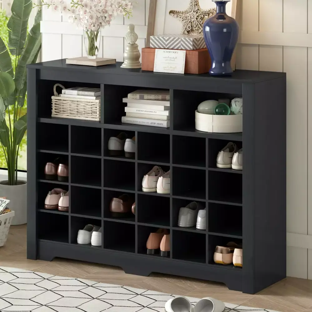 Modern 24-Cubby Shoe Storage Console in Black with Curved Base