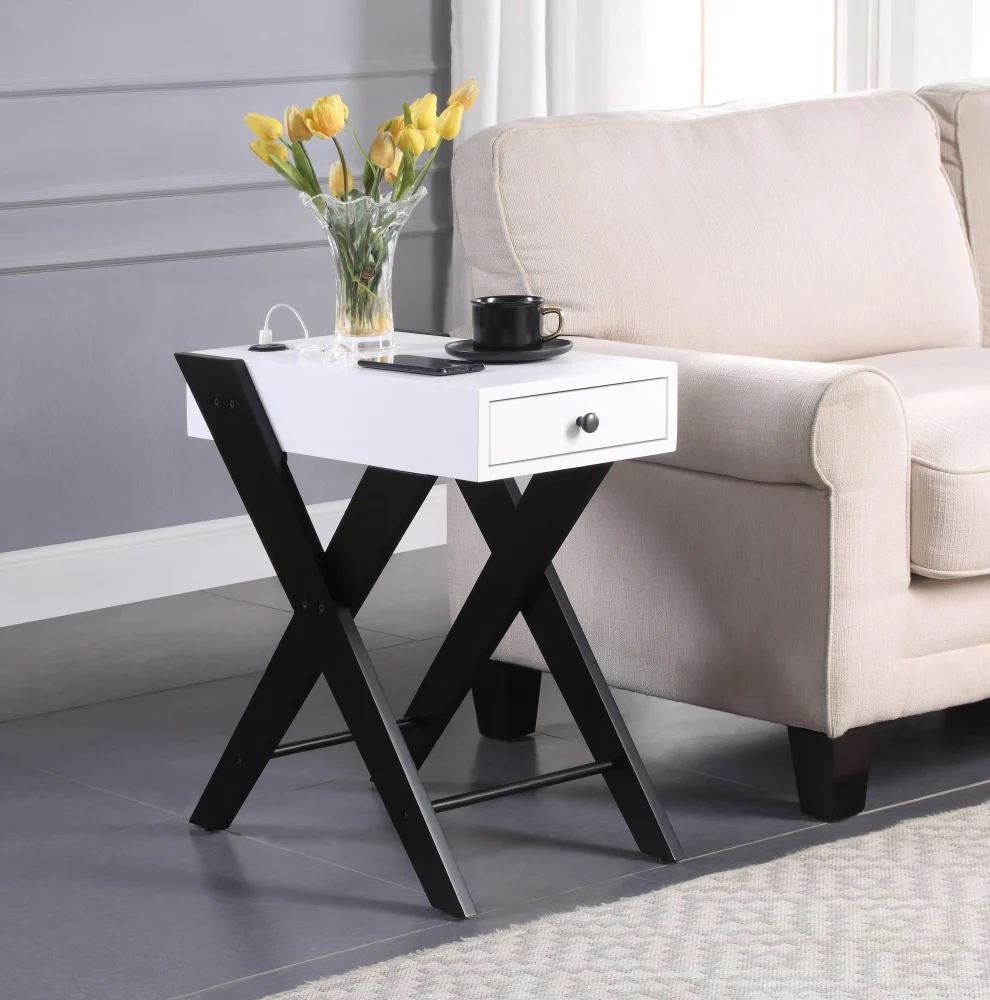Fierce White Black Side Table with USB Charging Dock Modern Nightstand