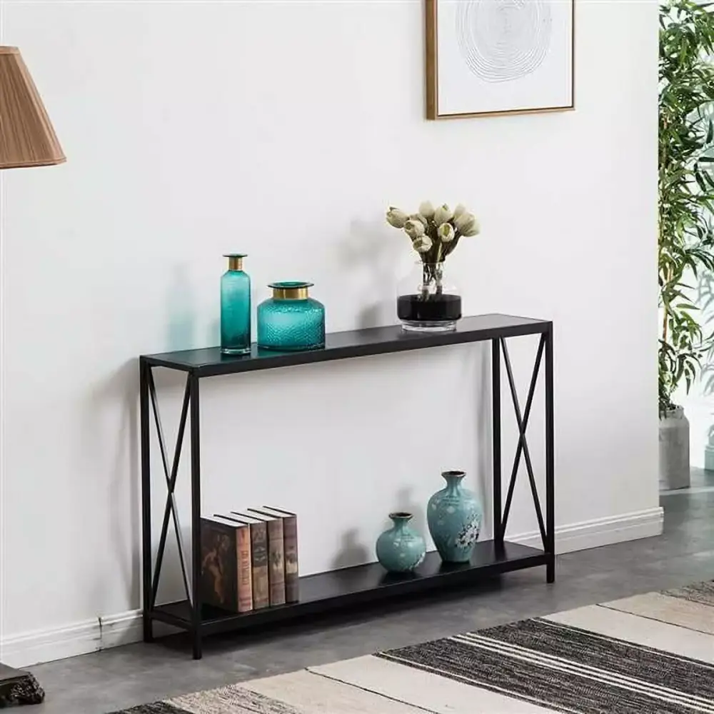Fithood Triamine Board Cross Iron Frame Porch Table Sofa Side Table Black Wood Grain