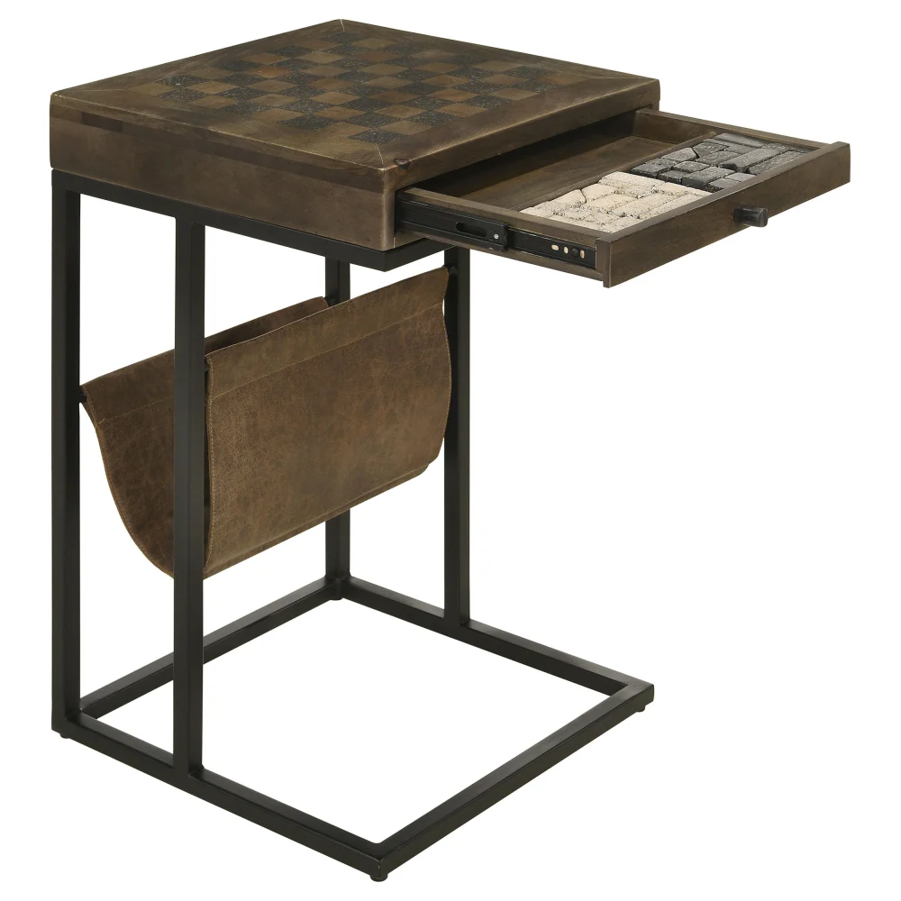 Chessie 1-Drawer Square Side Table with Leatherette Sling in Tobacco and Black