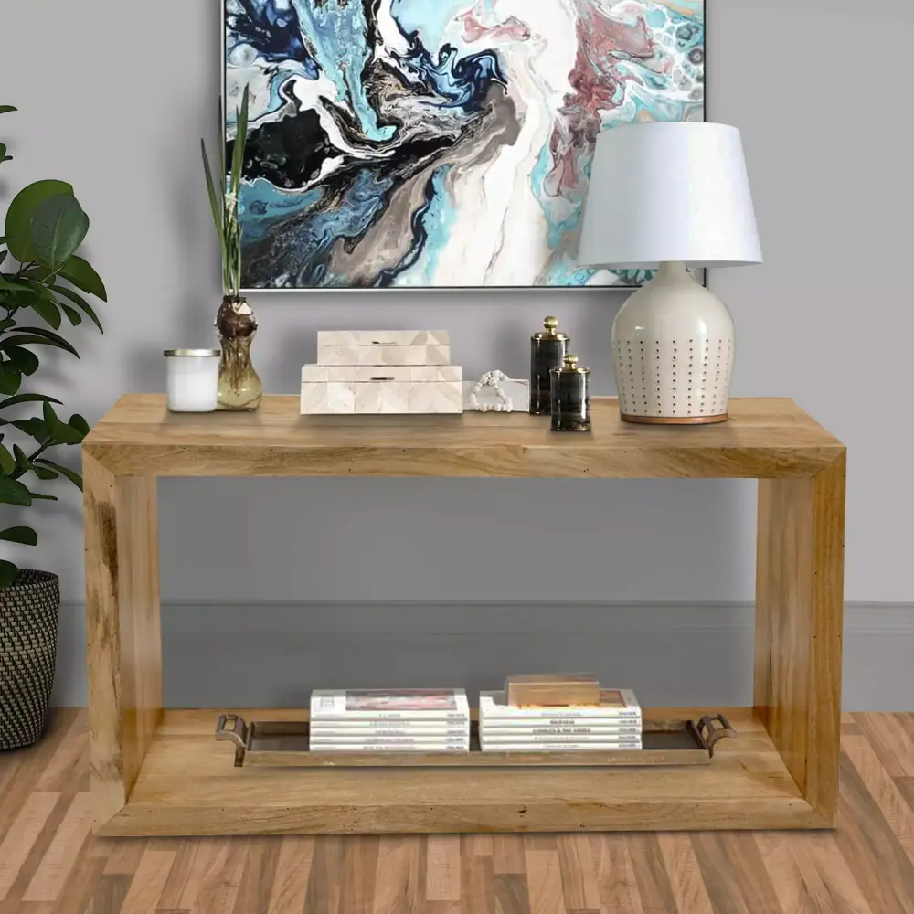 Keli 52 Inch Mango Wood Sideboard Console Table with Open Cube Shelf in Natural Brown
