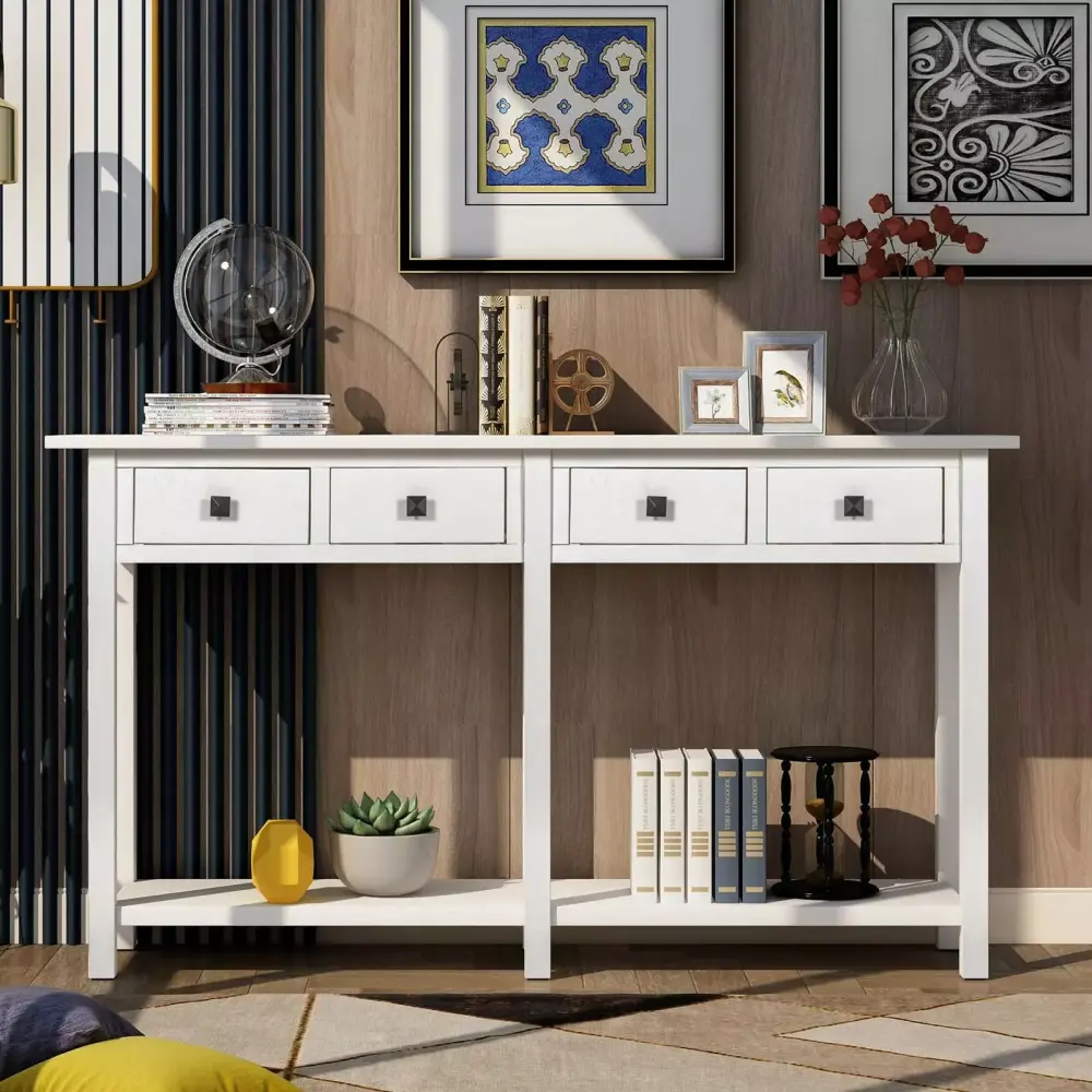 Ivory White Console Table Sofa Table Sideboard with Drawer and Bottom Shelf