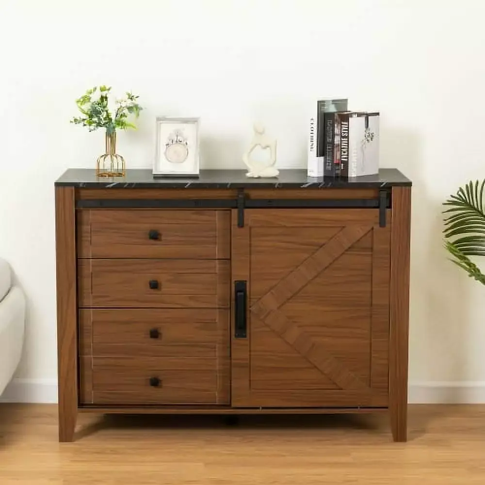 Brown and Black Drawer Dresser Cabinet with Slide Barn Door for Multiple Rooms