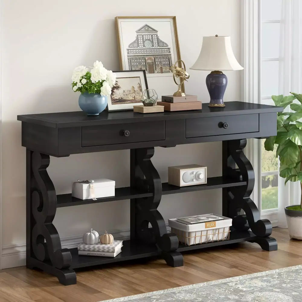 CoSoTower Retro Console Table Sideboard with Open Shelves and Drawers in Antique Black