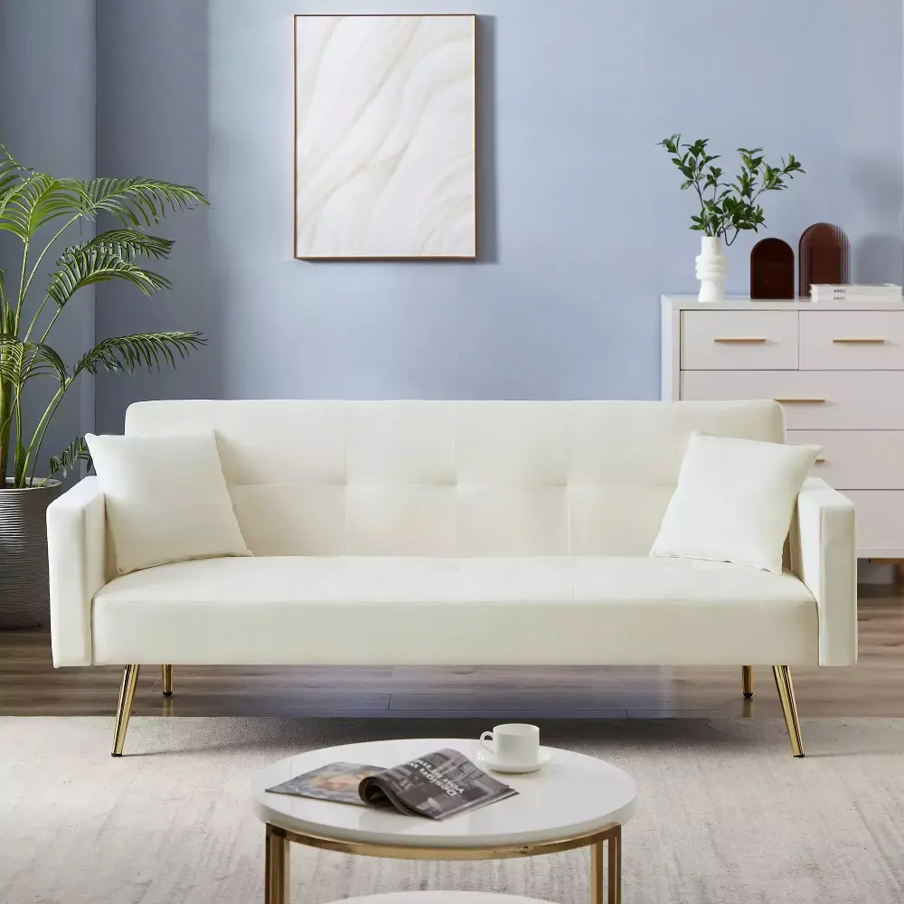 Cream White Velvet Convertible Folding Futon Sofa Bed for Compact Living Space
