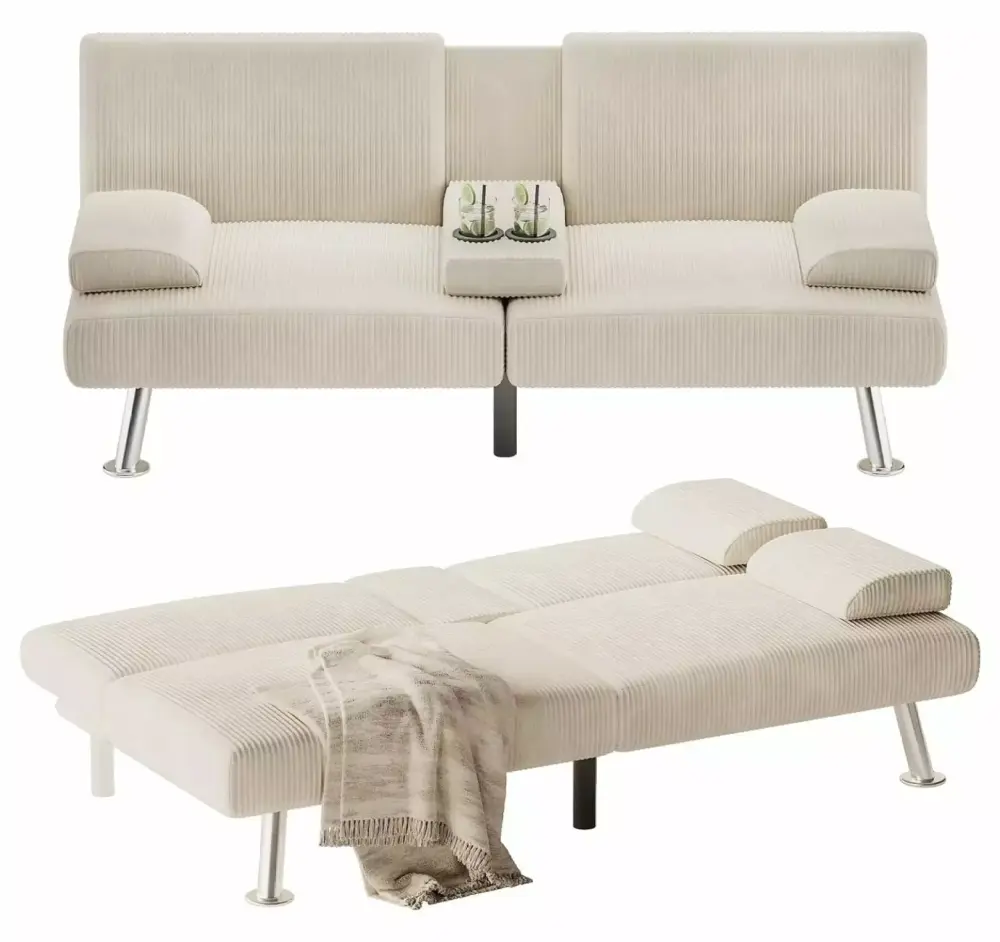 DieJedXi Corduroy Futon Sofa Bed Adjustable Sleeper Sofa with Cup Holders and Removable Armrests Beige