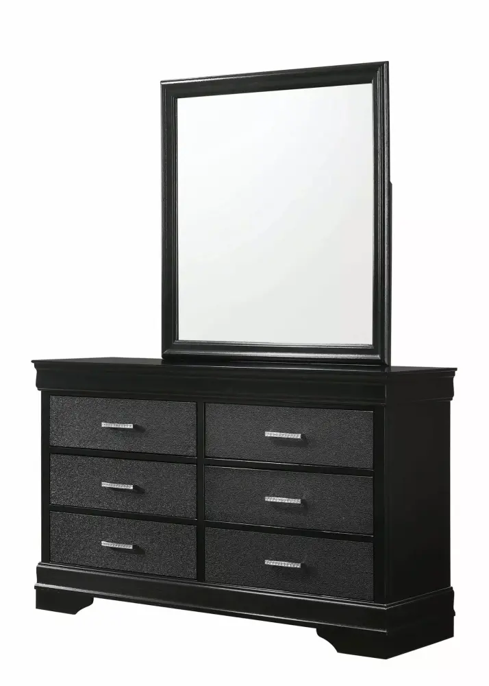 Transitional 4pc Two-Tone Textured Black Finish King Size Sleigh Bed Set with Dresser Mirror Nightstand