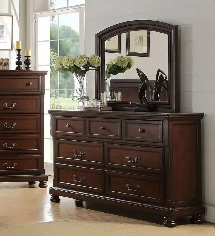 Majestic Traditional 6pc Eastern King Bedroom Set with Sleigh Bed Dresser Mirror Nightstands Chest in Cherry Veneer