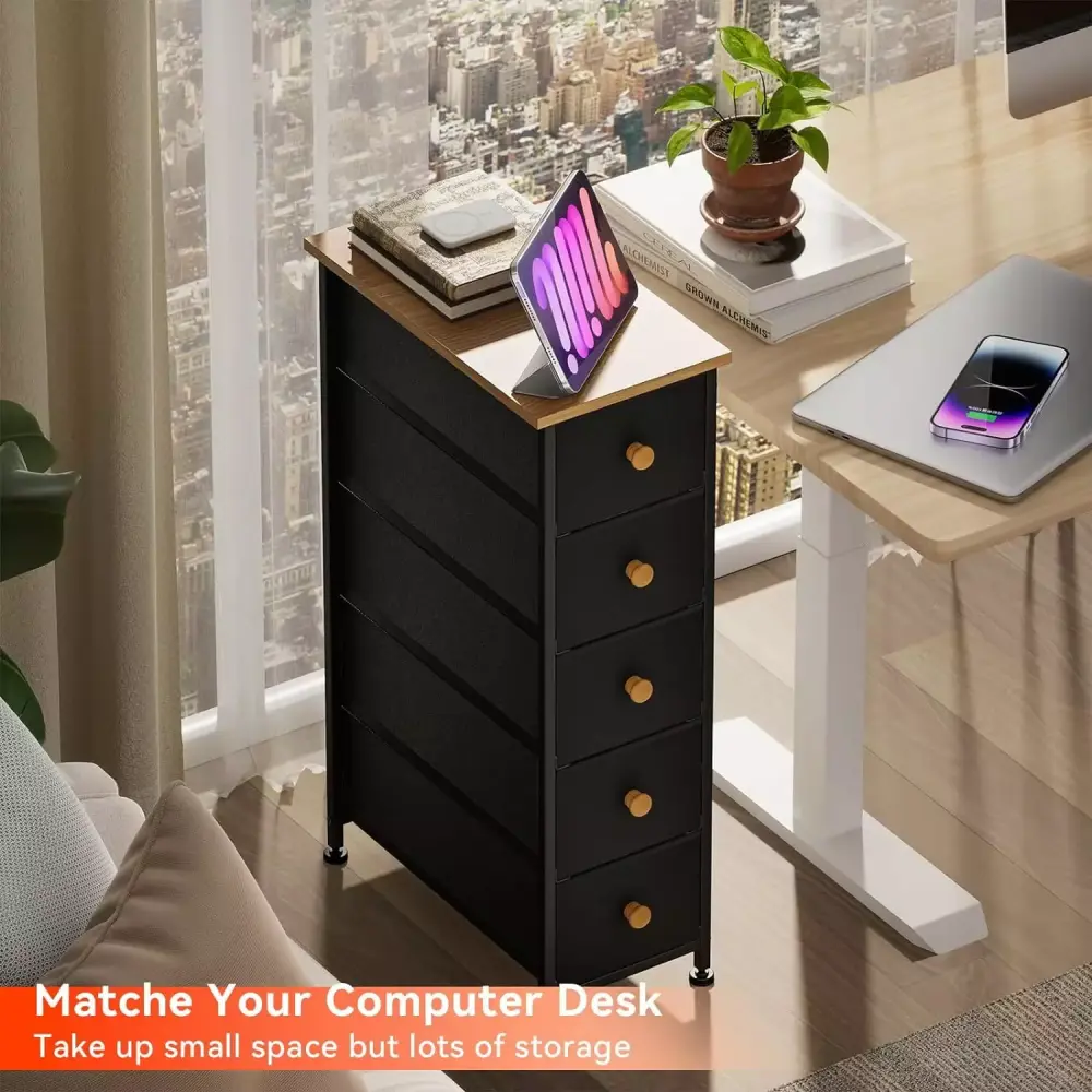 Narrow 5 Drawer Slim Dresser with Steel Frame and Wood Top for Small Spaces