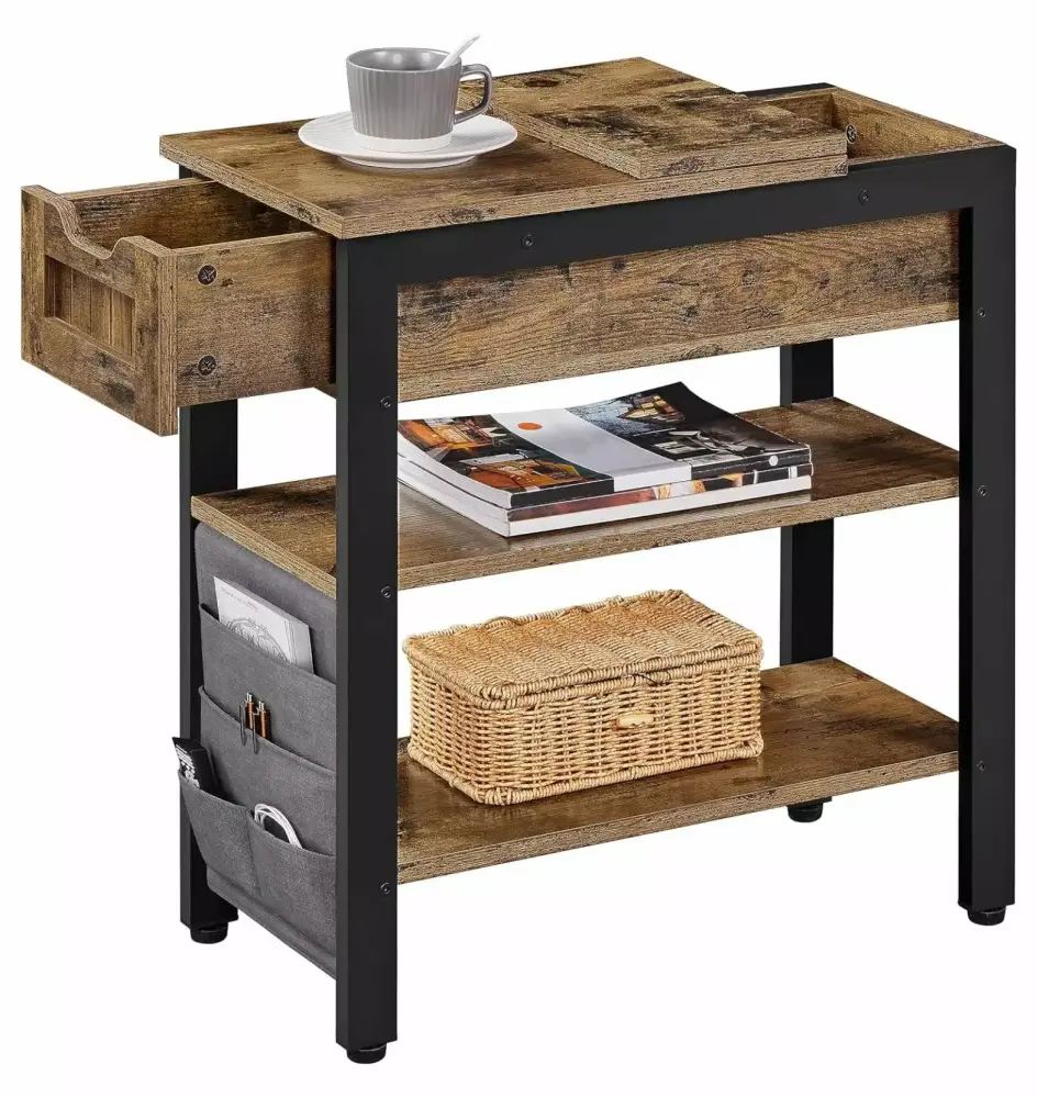 Superwum Narrow 4-Tier Wood Nightstand with Drawer and Removable Fabric Bag - Rustic Brown