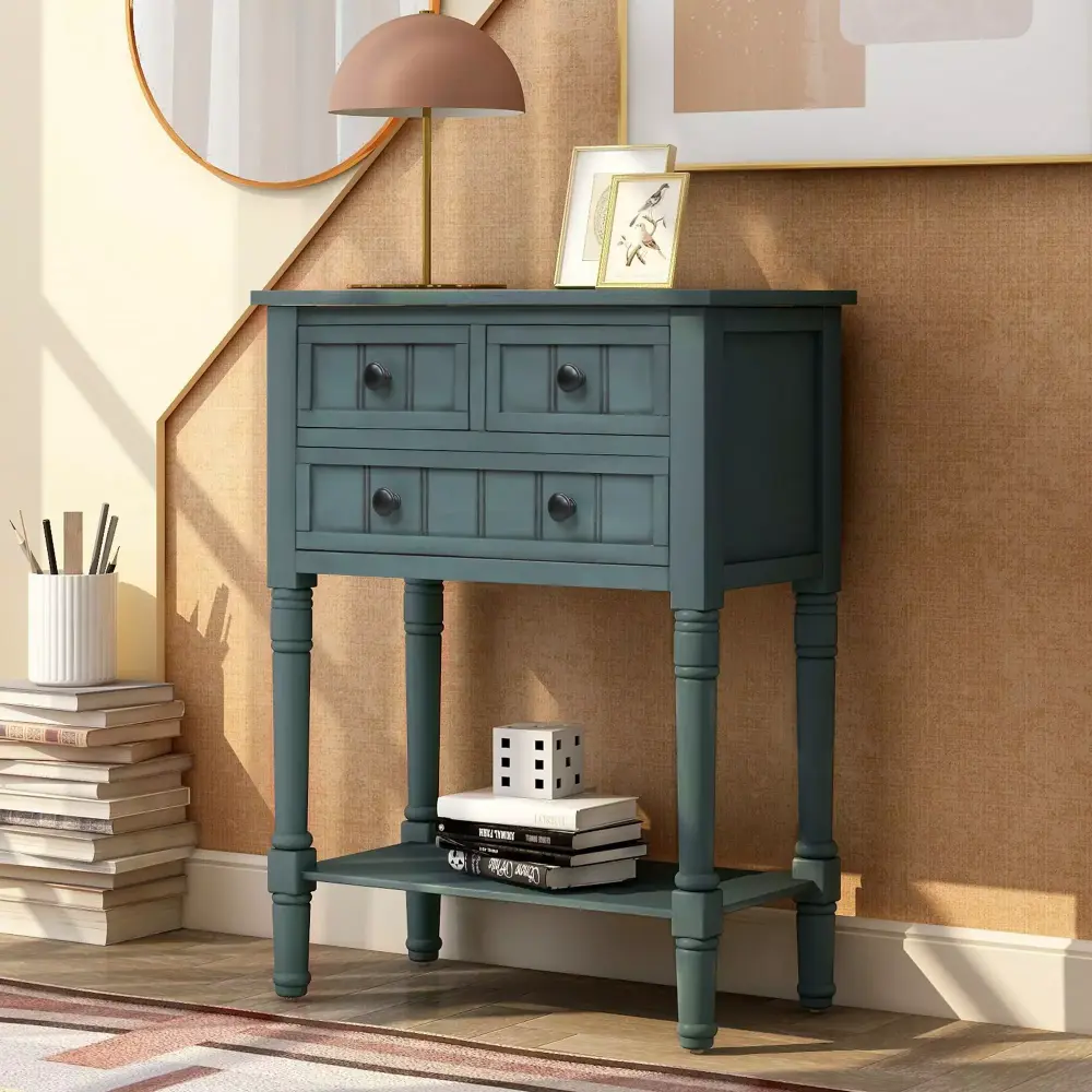 Narrow Navy Slim Sofa Table with Three Storage Drawers and Bottom Shelf