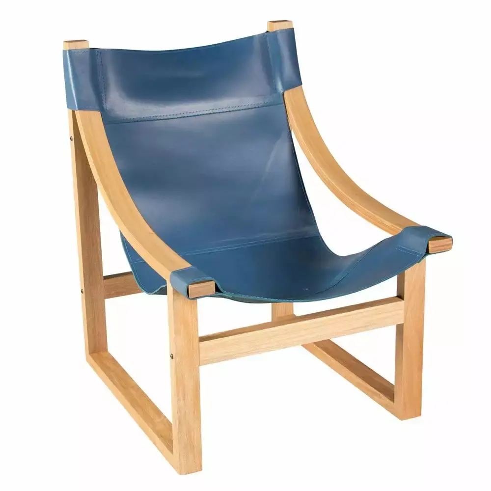 Lima Cobalt Blue Top Grain Leather Solid Wood Sling Chair for Patio