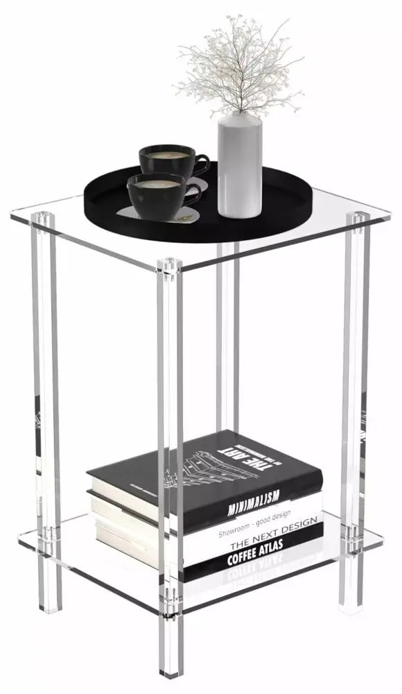 Drevy Small Side Table with Square Leg - 2-Tier Clear End Table for Living Room or Bedroom
