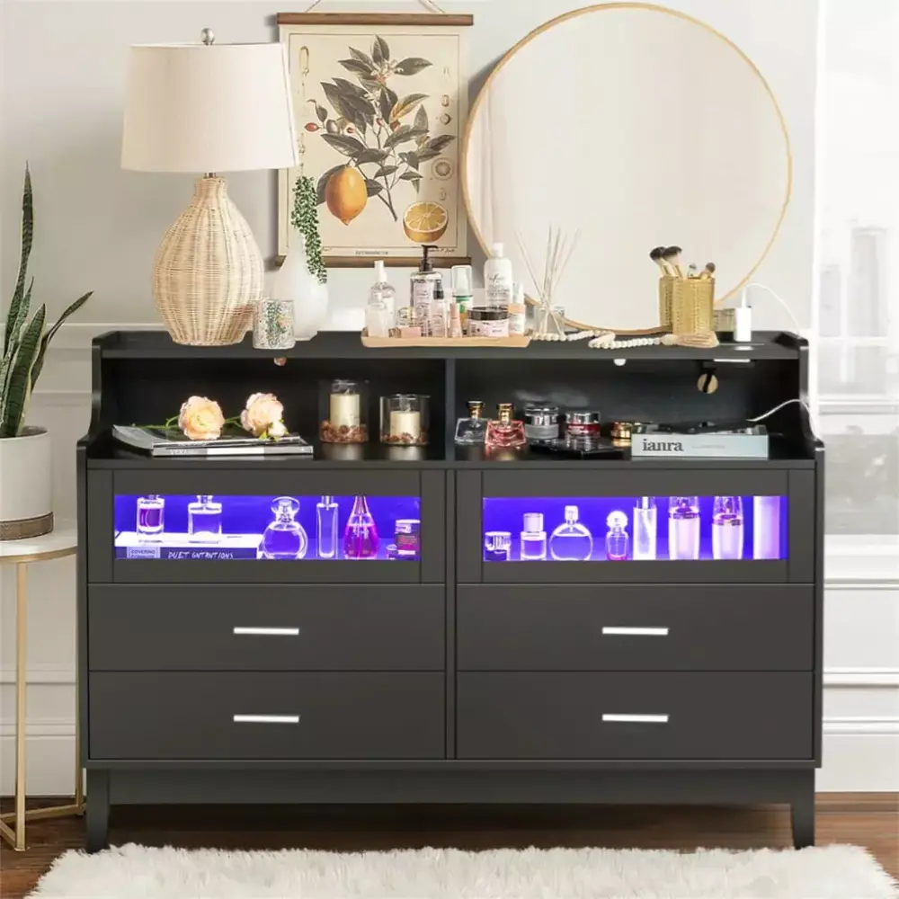 Modern Dresser with LED Light Strips and USB Charging Station Wood Tempered Glass