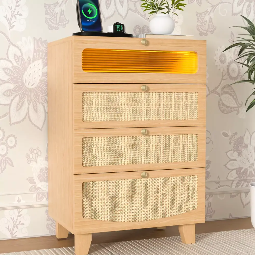 Dresser for Bedroom with 4 Drawers Modern Dresser with LED Light Rattan Chest of Drawers with Charging Station