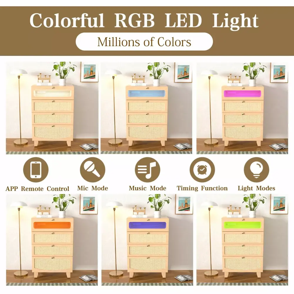Dresser for Bedroom with 4 Drawers Modern Dresser with LED Light Rattan Chest of Drawers with Charging Station