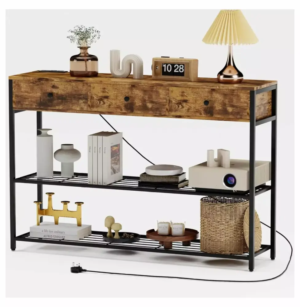 Superwum Console Table with Outlets & USB Ports - 47 Inch Entryway Table with 3 Drawers and Storage Shelves Rustic Brown