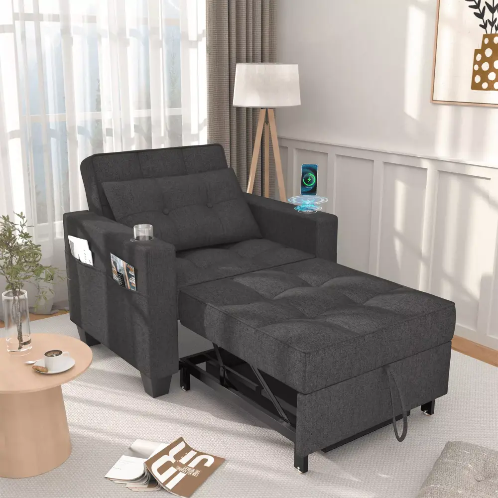 Buenhomino Futon Couch Bed with Wireless Charging Base and Adjustable Backrest