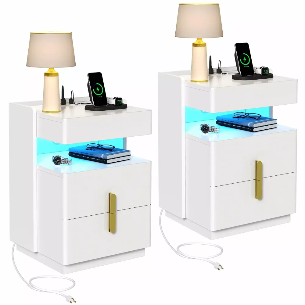 Dextrus LED Nightstand with Charging Station Intelligent Night Stands with 2 Drawers for Bedroom Set of 2