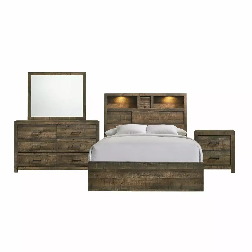 Beckett King Bookcase Panel 4PC Bedroom Set with Bluetooth - Modern Storage Bedroom Furniture