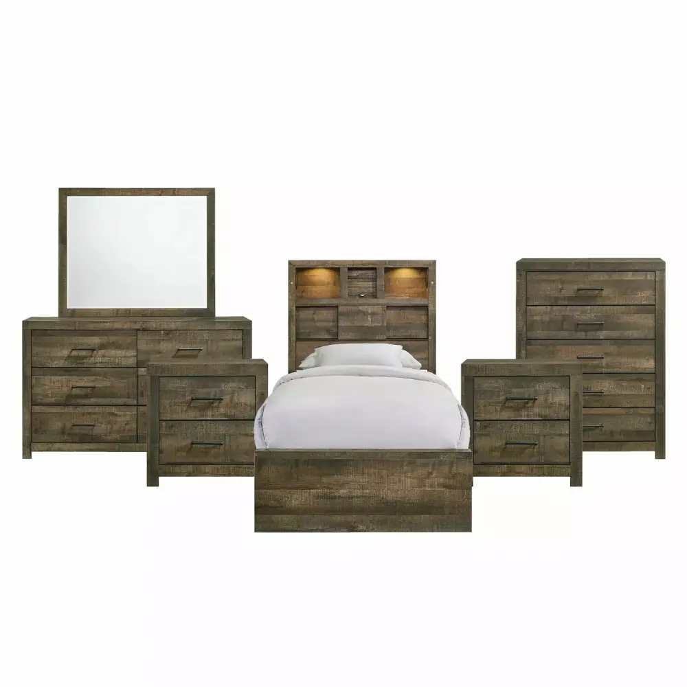 Beckett Twin Bookcase Panel 6PC Bedroom Set with Bluetooth - Modern Technology