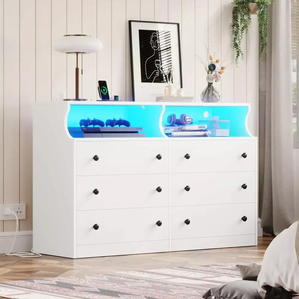 Afuhokles 6 Drawer Dresser with LED Light Charging Station White