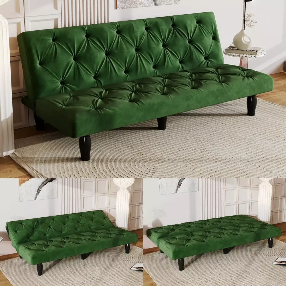 Modern Green Velvet Tufted 66-Inch Convertible Sofa Bed for Living Rooms