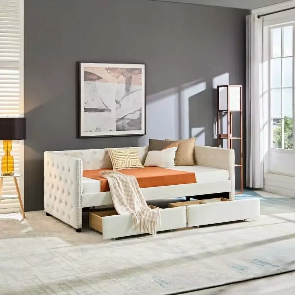 Modern Velvet Upholstered Sofa Bed with Double Drawers for Bedroom Living Room