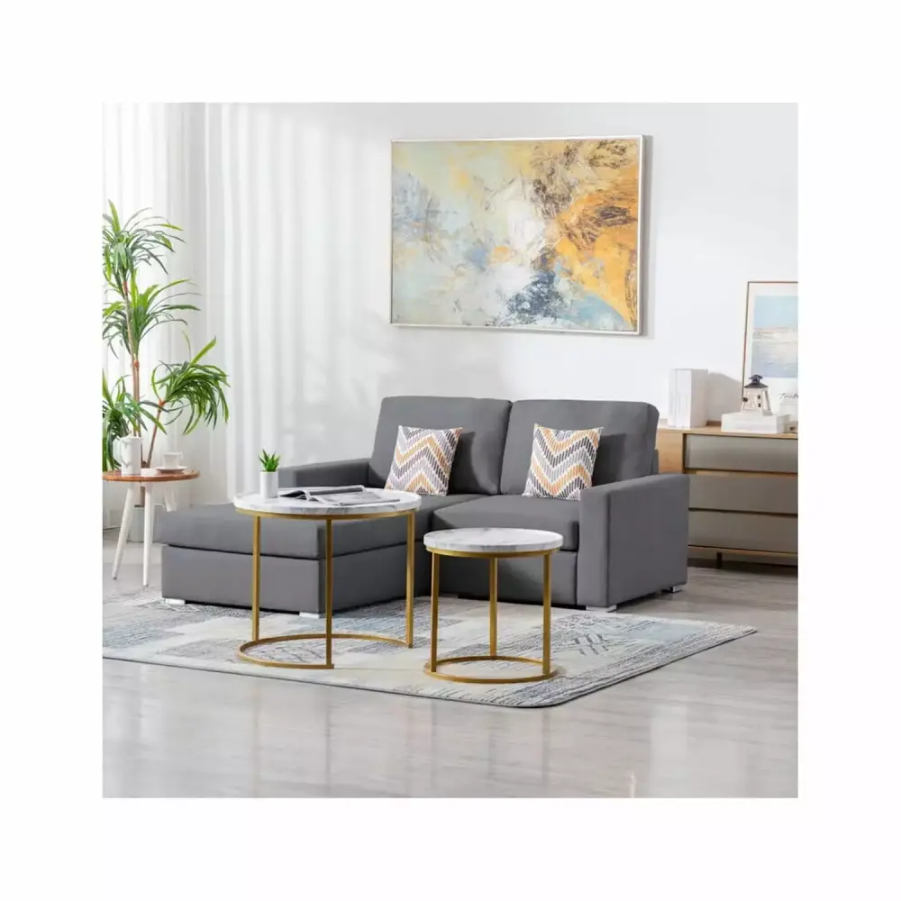 Homestock Southwestern Gray Linen 2-Seater Reversible Sofa Chaise with Pillows and Interchangeable Legs