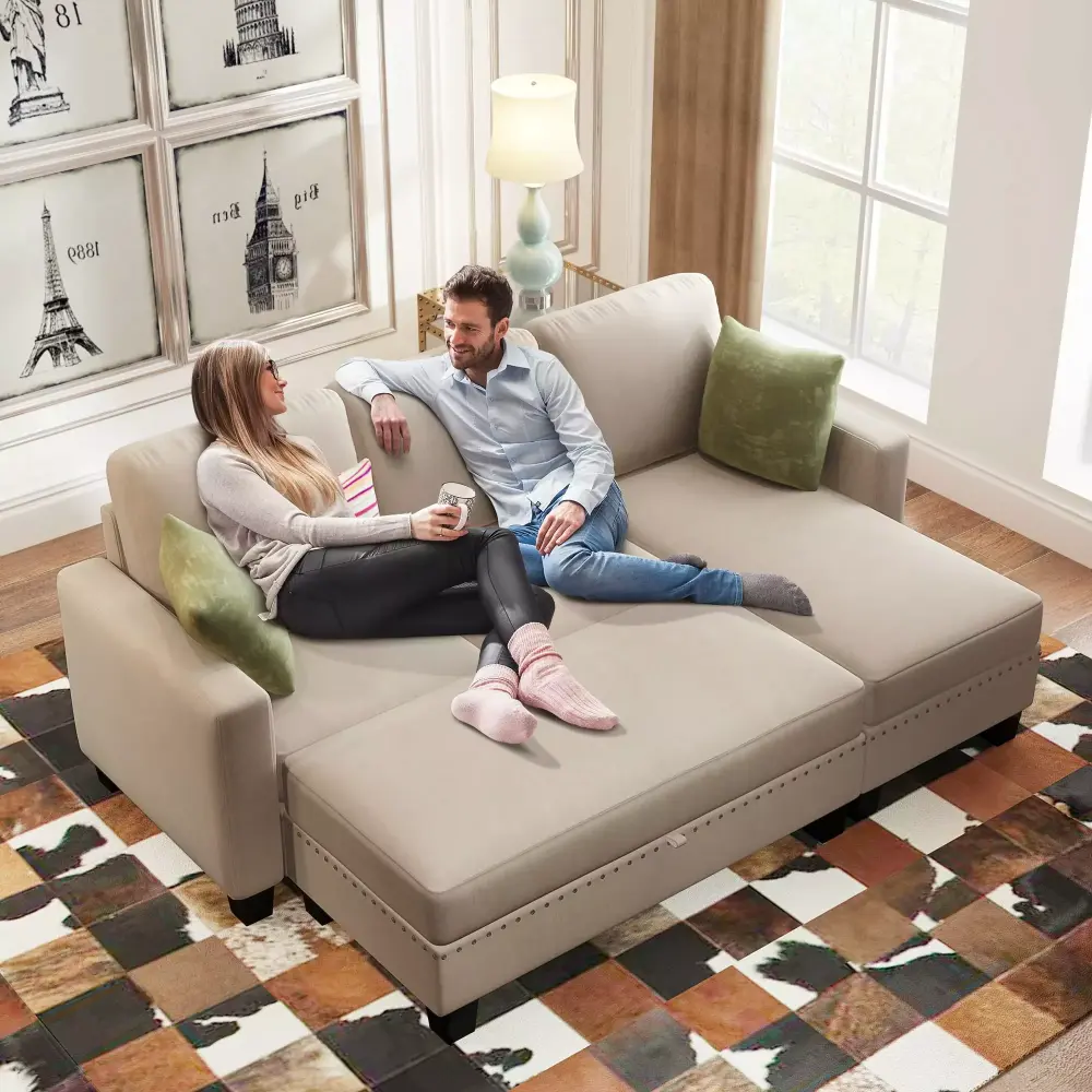 81 Nailheaded Textured Fabric 3 Piece Sofa Set with Square and Rectangle Storage Ottomans in Warm Grey