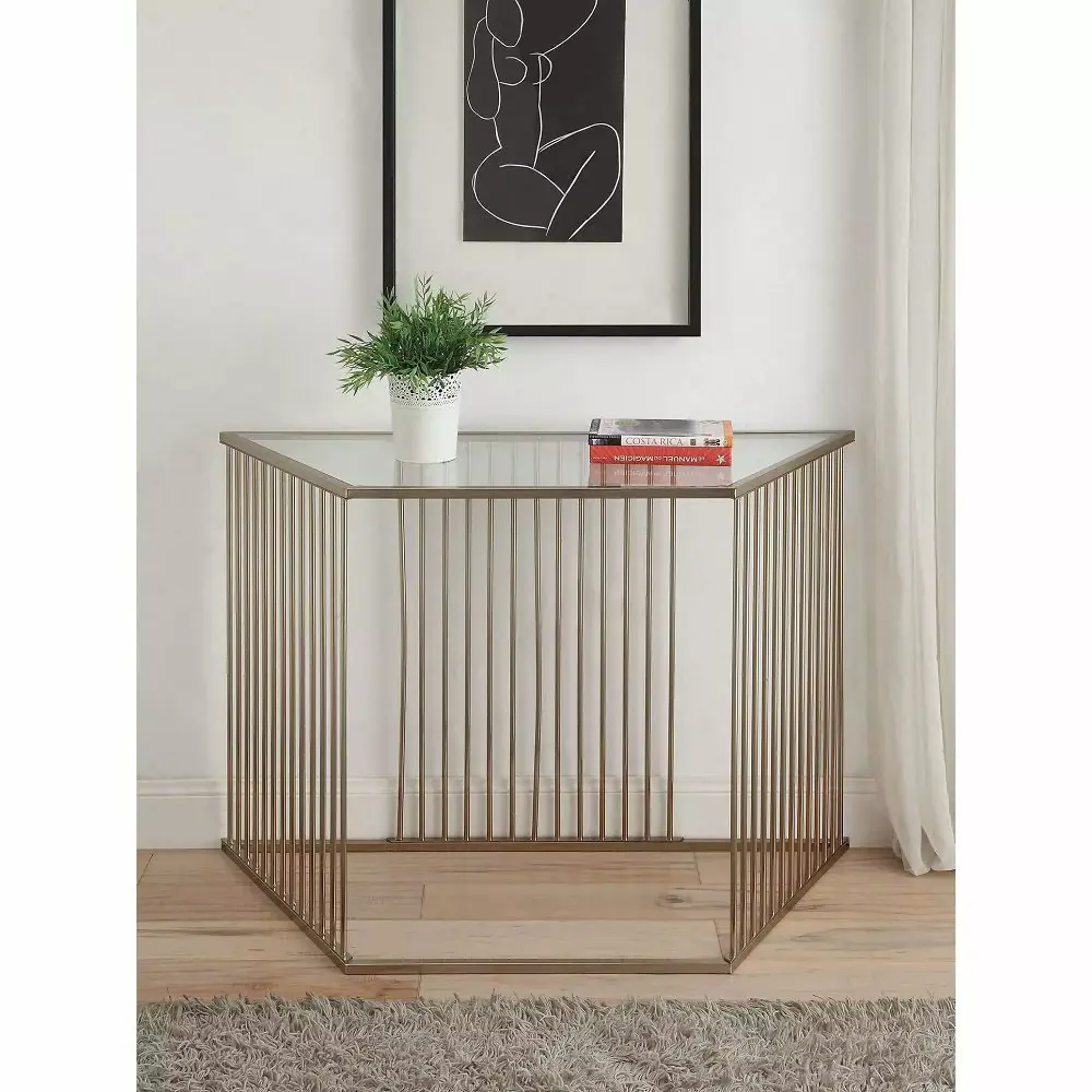 Miekor Furniture Oaklie Sofa Table with Champagne Frame and Clear Glass Top