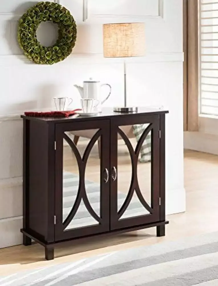 King Brand Marietta Espresso Wood Entryway Console Table with Mirrored Doors