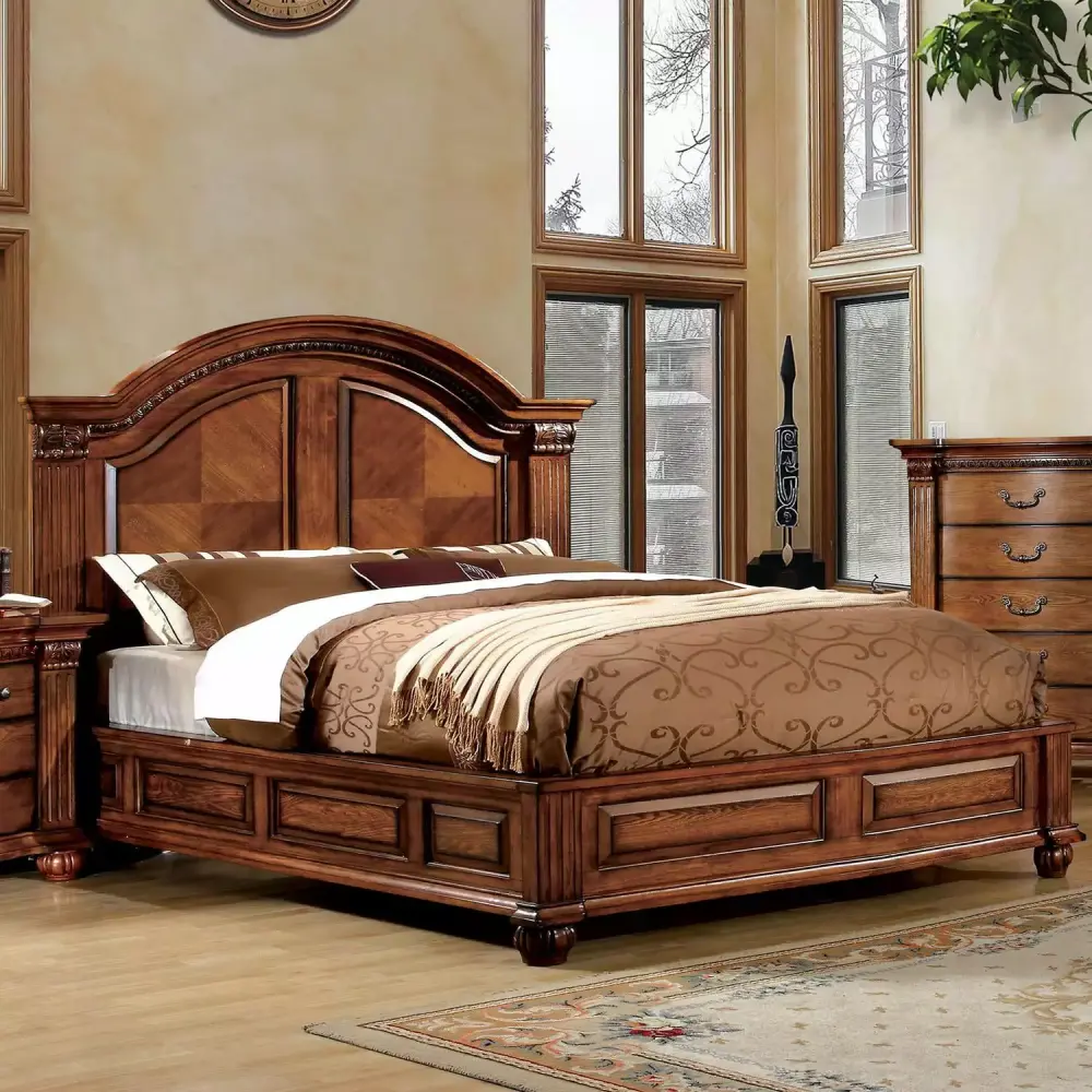 Antique Tobacco Oak Solid Wood Queen Bedroom Set 5 Piece FOA CM7738-Q Bellagrand