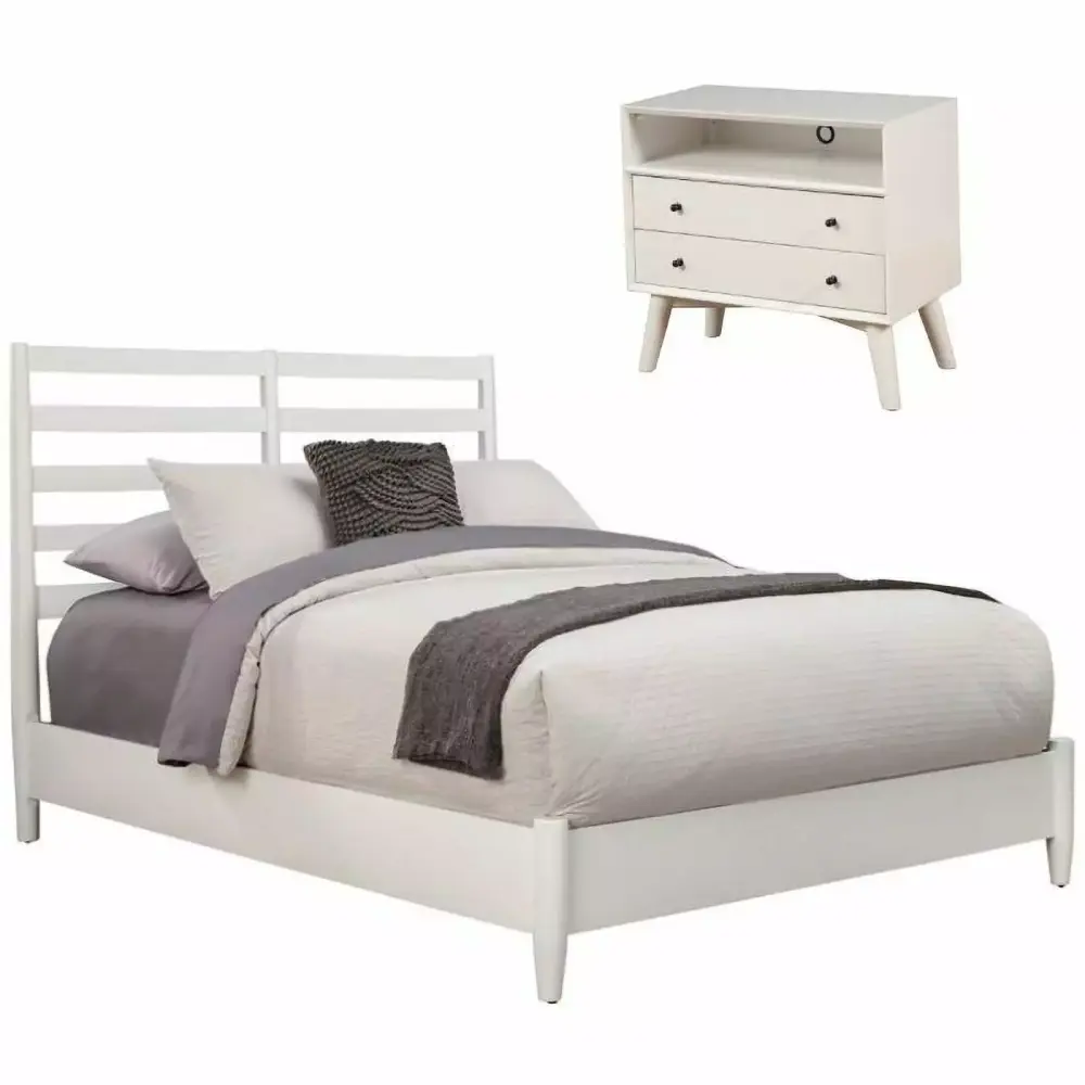 Home Square 2 Piece Set with Large Nightstand and Full Wood Bed in White