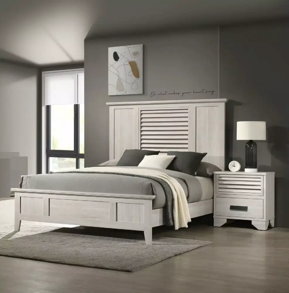 Contemporary White Cream King Size 3pc Solid Wood Panel Bed Set with Nightstand