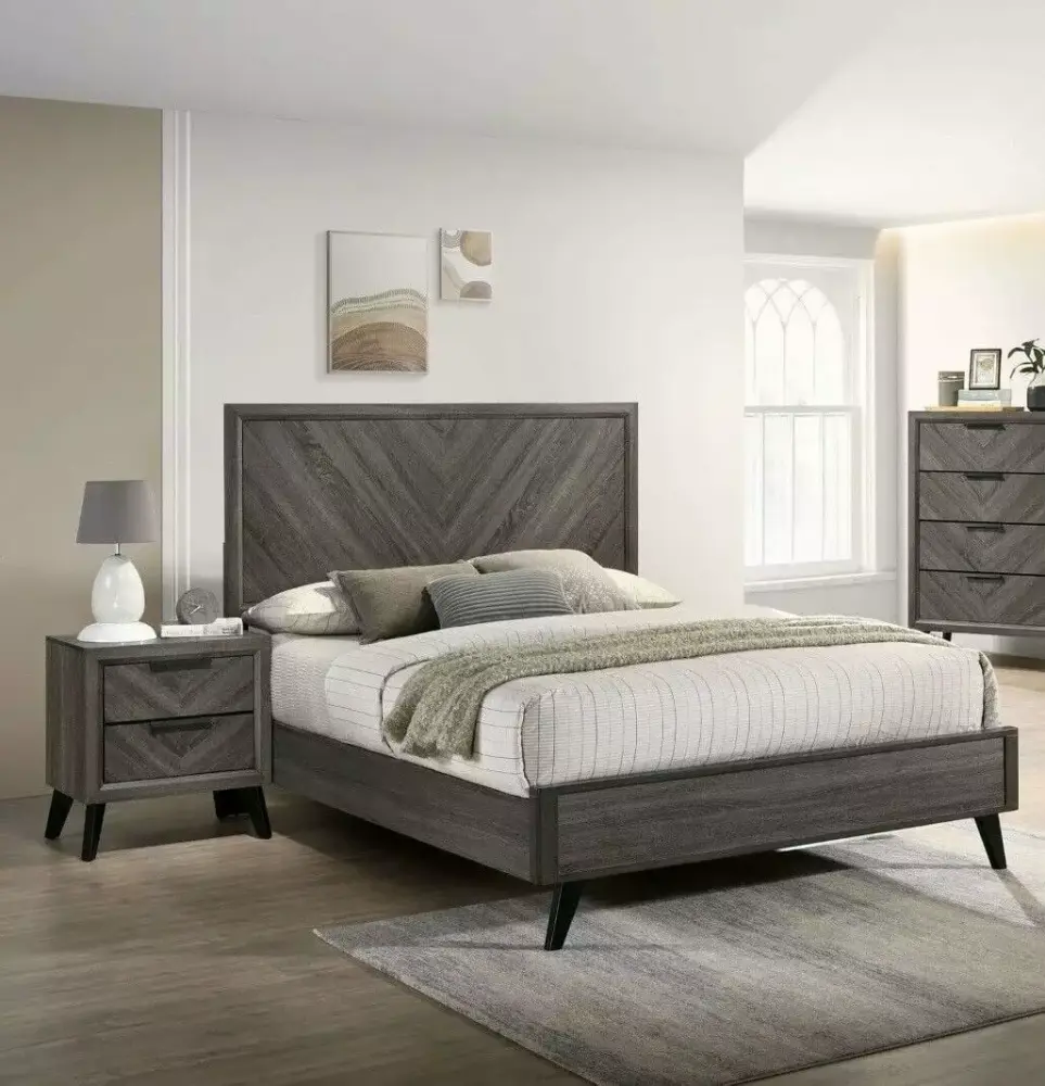 Beautiful Gray Chevron Pattern 3pc Bedroom Set Queen Size Bed 2x Nightstands Furniture Solidwood